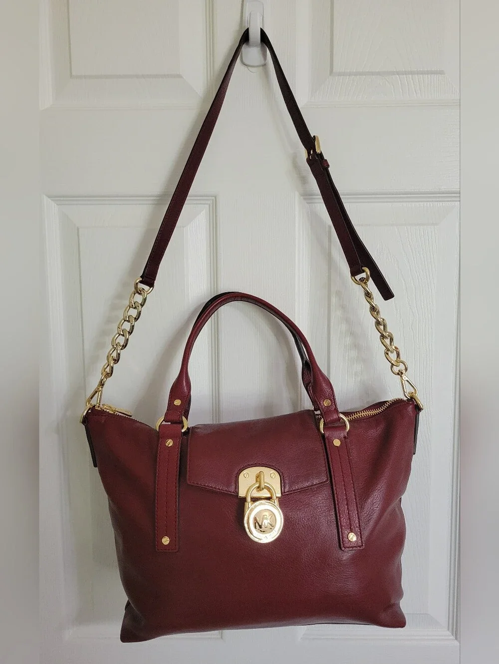 Michael Kors Leather Hamilton Satchel Bag in Burgundy with Gold Hardware